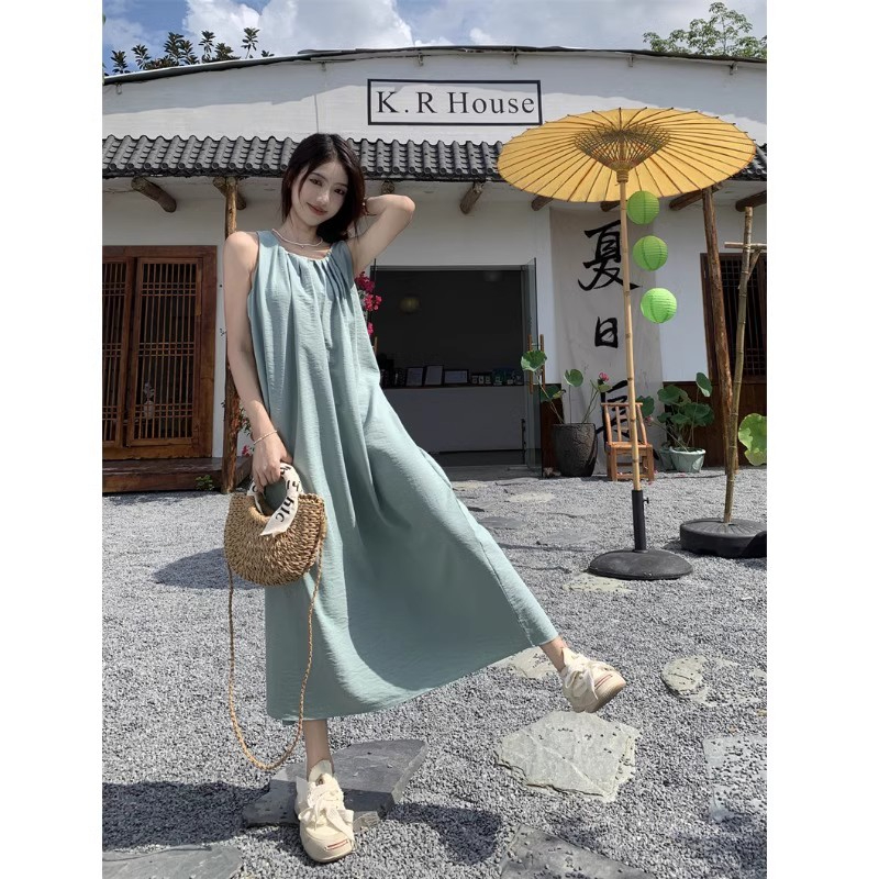 法式裙子海邊度假連衣裙女夏季小眾設計感寬鬆無袖背心裙a字長裙