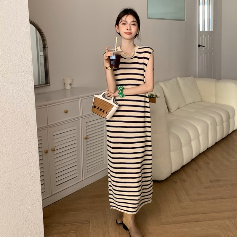 French style lazy style knitted vest dress women's summer loose slimming long striped skirt