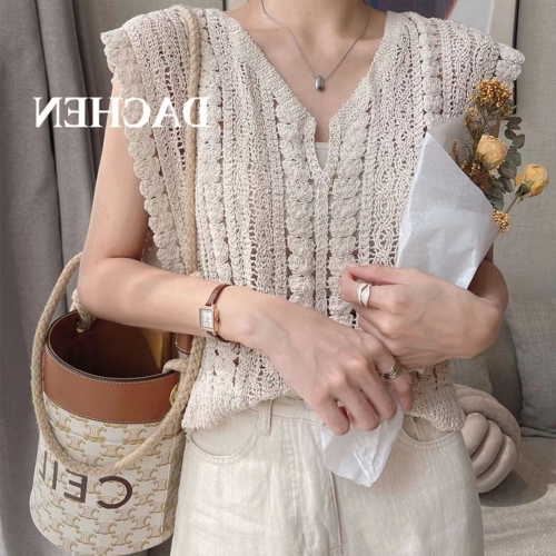 韩系甜美气质手工编织镂空V领冰丝针织背心马甲女洋气套头上衣夏