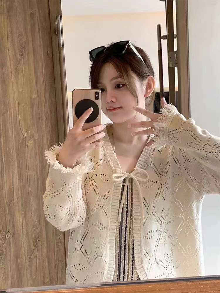 馬西西微胖mm鏤空針織開衫外套女春季大碼寬鬆顯瘦設計感休閒上衣