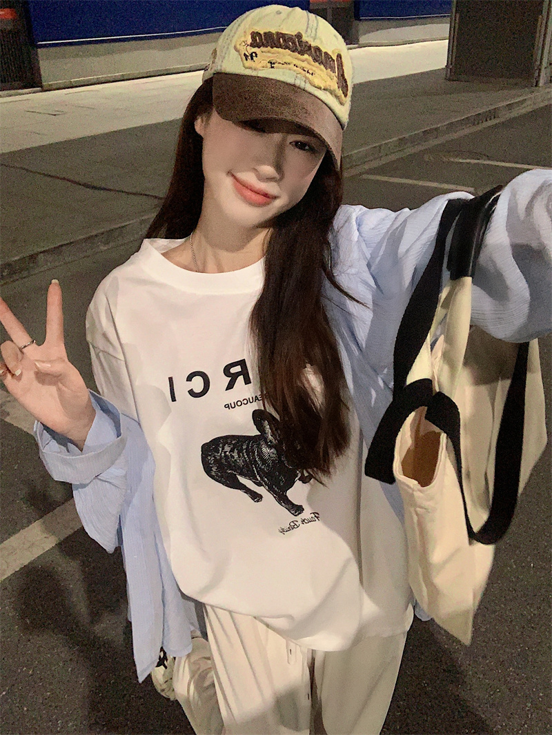 200克精梳純棉新款T恤女寬鬆大碼設計潮牌版印花上衣