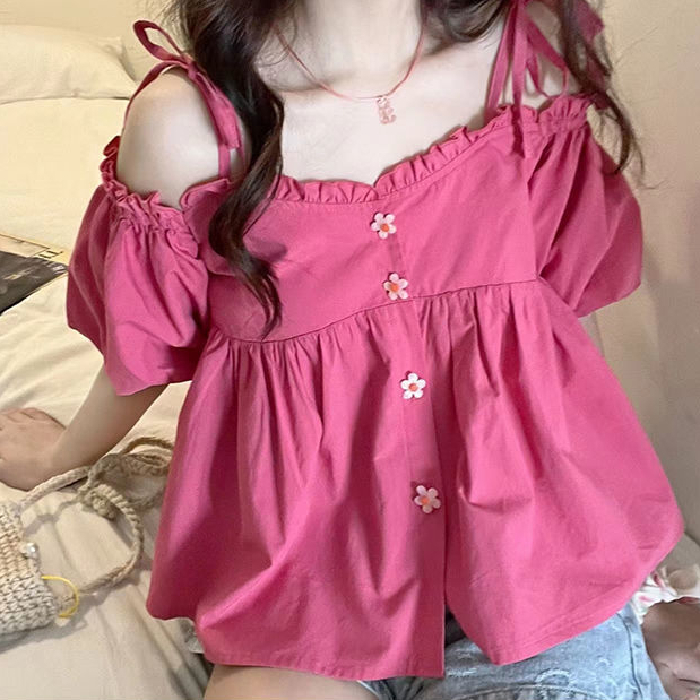 純欲風小清新學生可愛木耳邊泡泡袖上衣女一字肩襯衫夏季日系軟妹