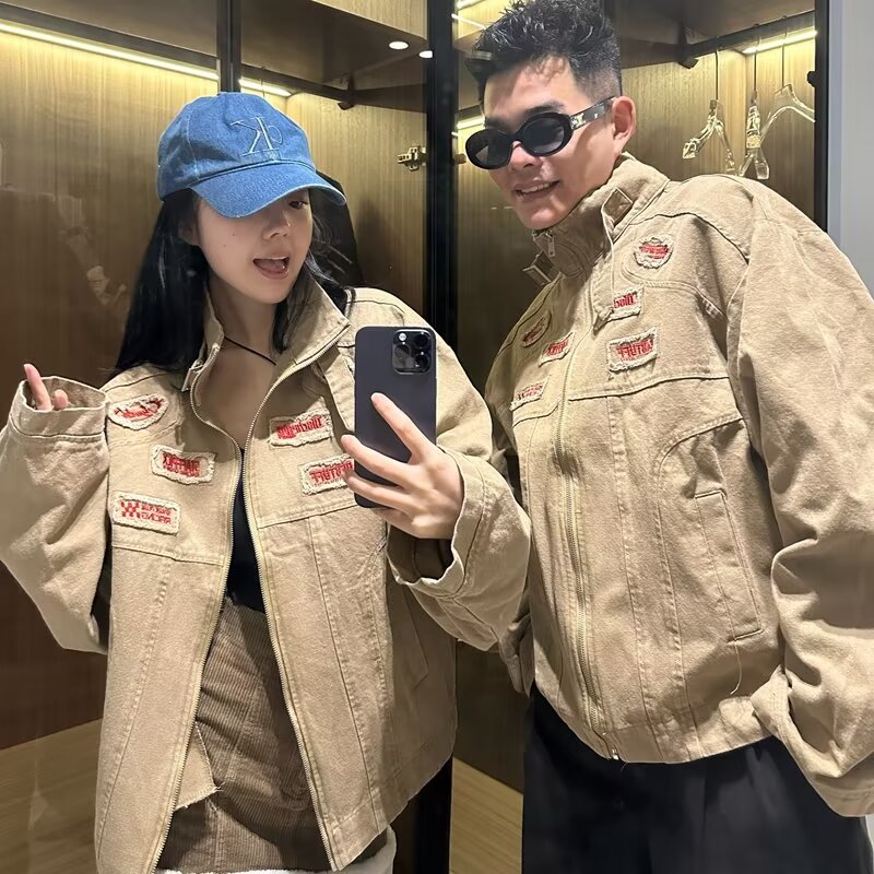 美式復古貼布立領外套潮牌街頭寬鬆情侶工裝春秋季夾克男女