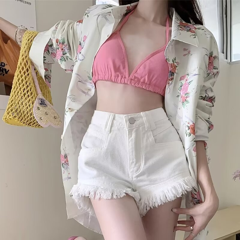 文藝日系簡約闊腳褲女牛仔褲潮流ins新款春秋高腰慵懶短褲氣質