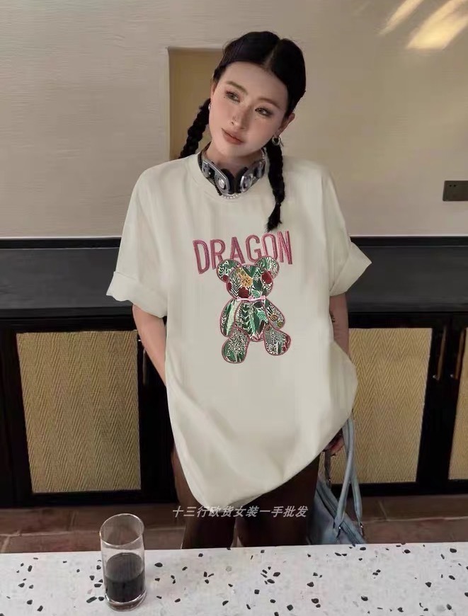2024春季新款寬鬆重工刺繡小熊字母潮流百搭短袖T恤女