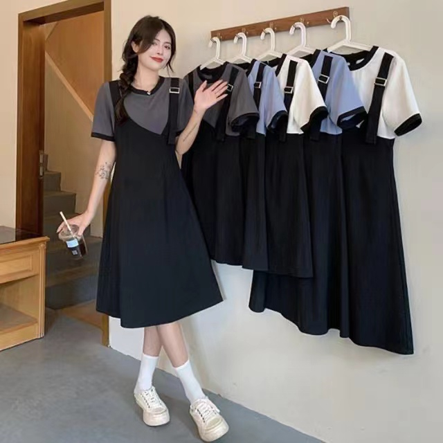 假兩件連衣裙女夏季2024新款閨蜜裝設計感收腰顯瘦撞色短袖A字裙