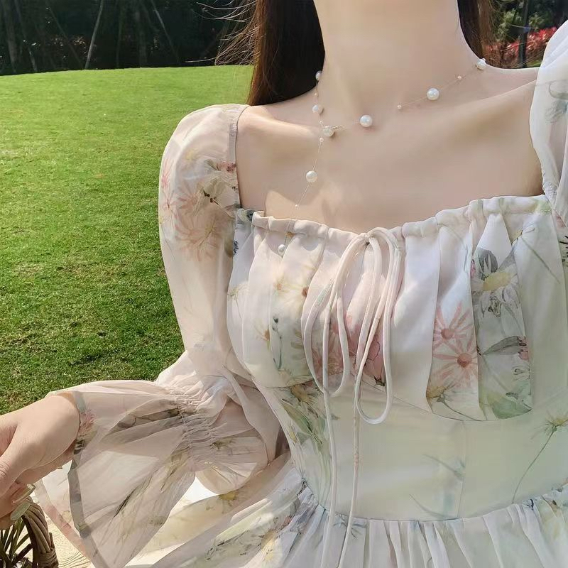 春夏新款絕美長袖雪紡連衣裙仙女超仙森系溫柔風茶歇法式初戀裙子