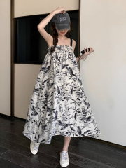 Beach vacation floral suspender skirt long petite summer Korean style casual loose slimming tube top dress