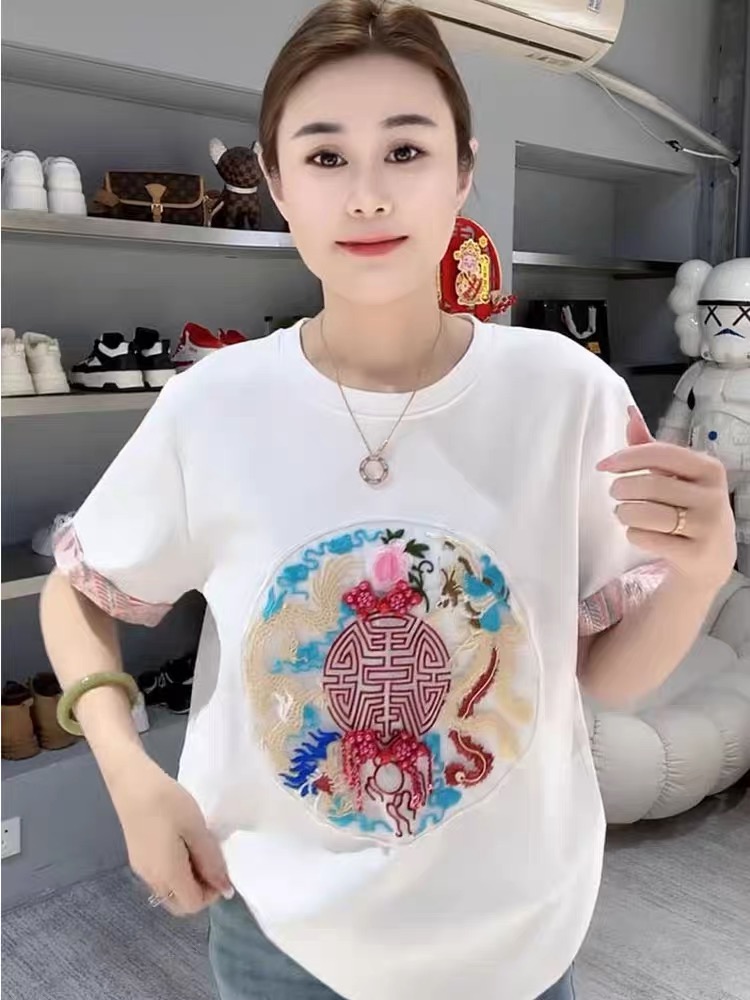 2024國風新款圓領重工刺繡珠鑽拼色短袖T恤女時尚半袖打底上衣潮