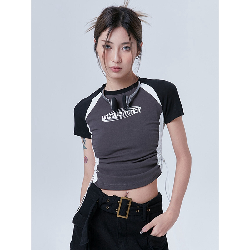 美式復古正肩短袖t恤女夏季新款抽繩辣妹短款上衣設計感小眾半袖