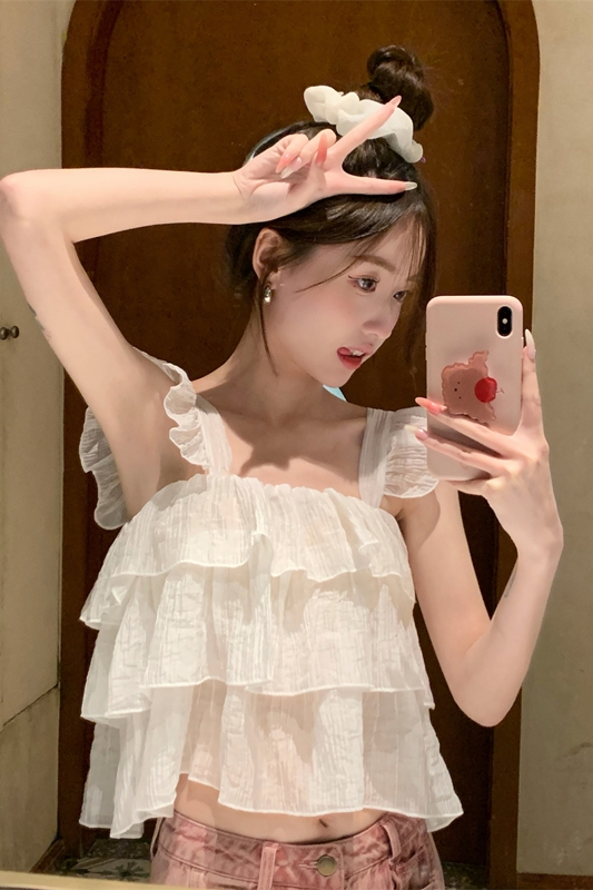 甜美方領吊帶背心女2024新款荷葉邊設計感顯瘦短款別致小衫