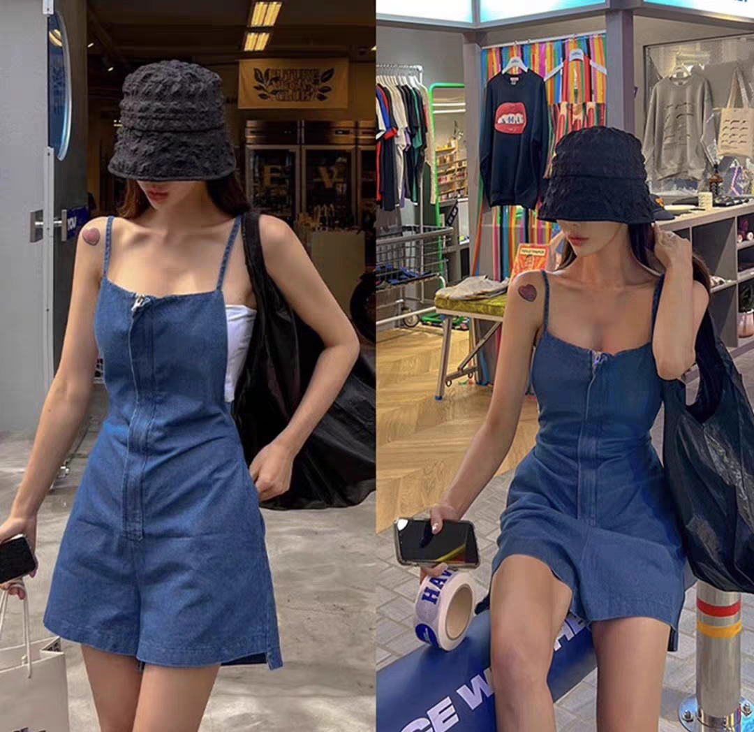 Summer new Korean Dongdaemun denim open cup overalls shorts
