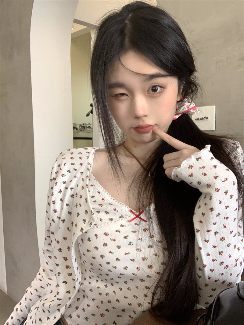 實拍 軟糯碎花開衫套裝純欲內搭吊帶上衣兩件套