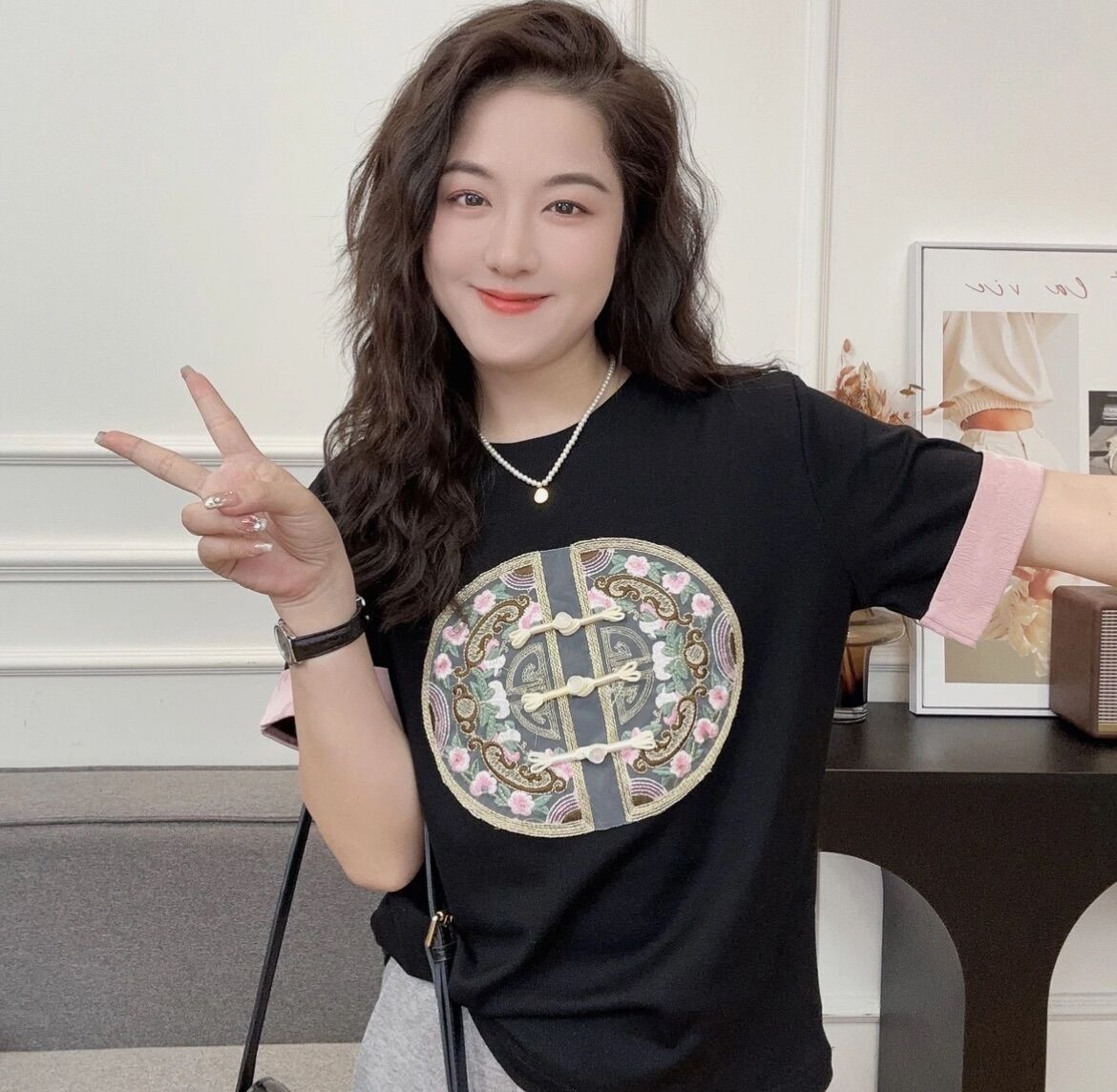 WenWen小個子2024新款新中式國風重工刺繡短袖針織衫女
