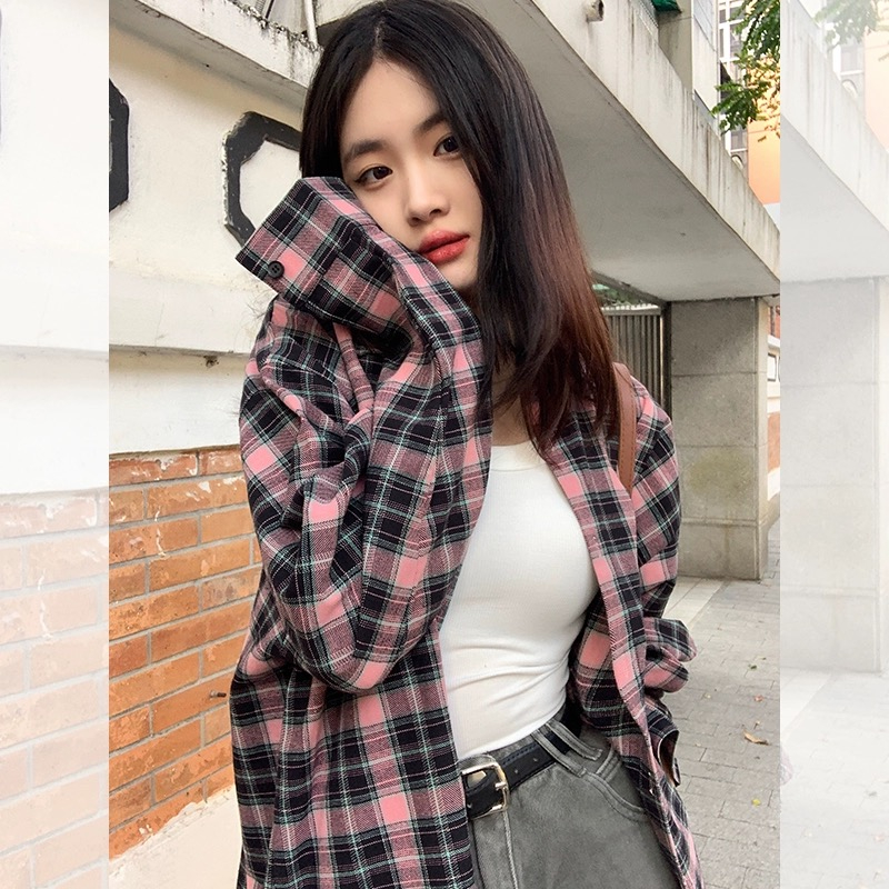 黑粉格子襯衫女2024春季新款設計感小眾顯瘦高級休閒寬鬆襯衣外套