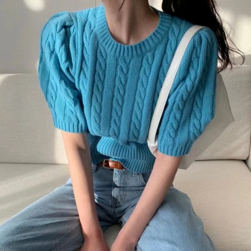 早春 韓國ins小眾時髦麻花復古百搭短袖針織衫上衣泡泡袖毛衣
