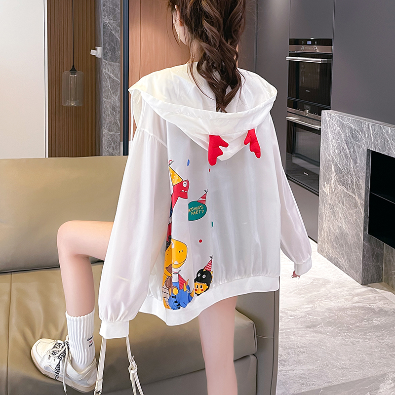 |  | 聚酯纖維100% | 夏季寬鬆薄款拉鏈開衫連帽防曬衣女