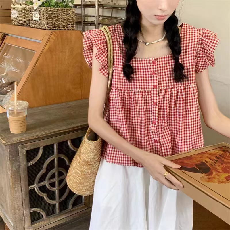 格子短袖襯衫女夏季新款法式小飛袖上衣設計感小眾娃娃衫寬鬆襯衣