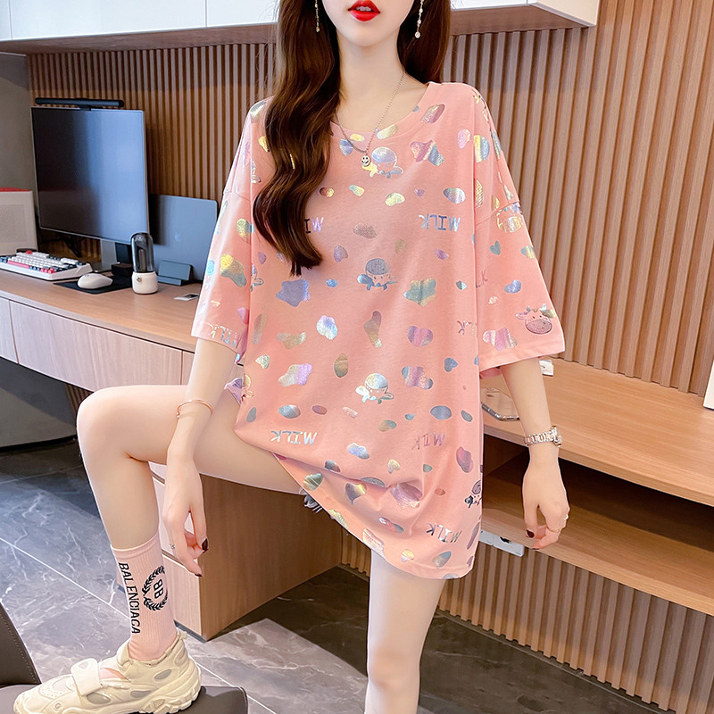 實拍 2024新款夏季韓版中長款燙金炫彩圓領短袖T恤女