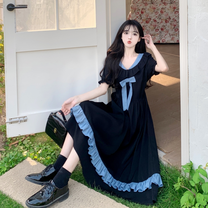 Plus size women's college style dress women's summer mid-length girl's age-reducing and slimming French retro bow skirt