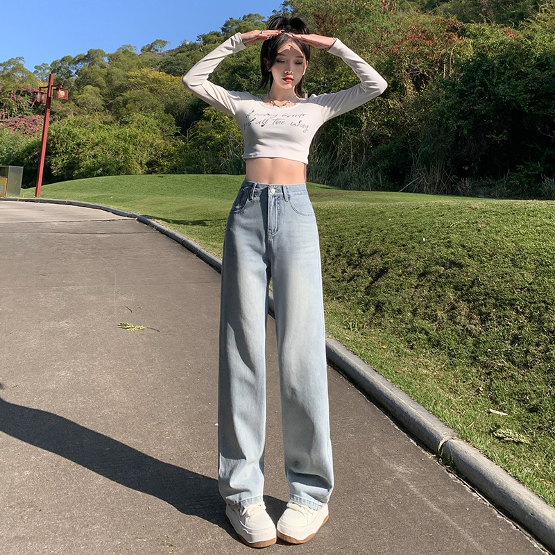 實拍~闊腿牛仔褲女秋季2024年新款高腰顯瘦直筒寬鬆垂感拖地長褲