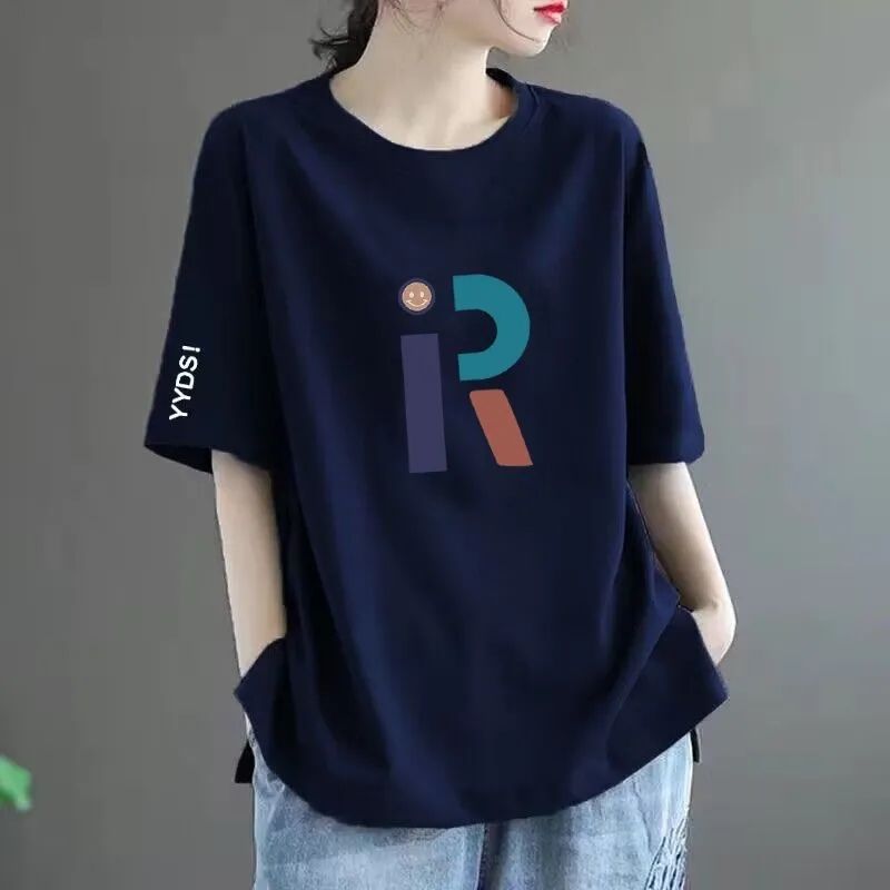 220克抖音爆款落肩寬鬆版型精梳純棉後包邊短袖T恤印花款