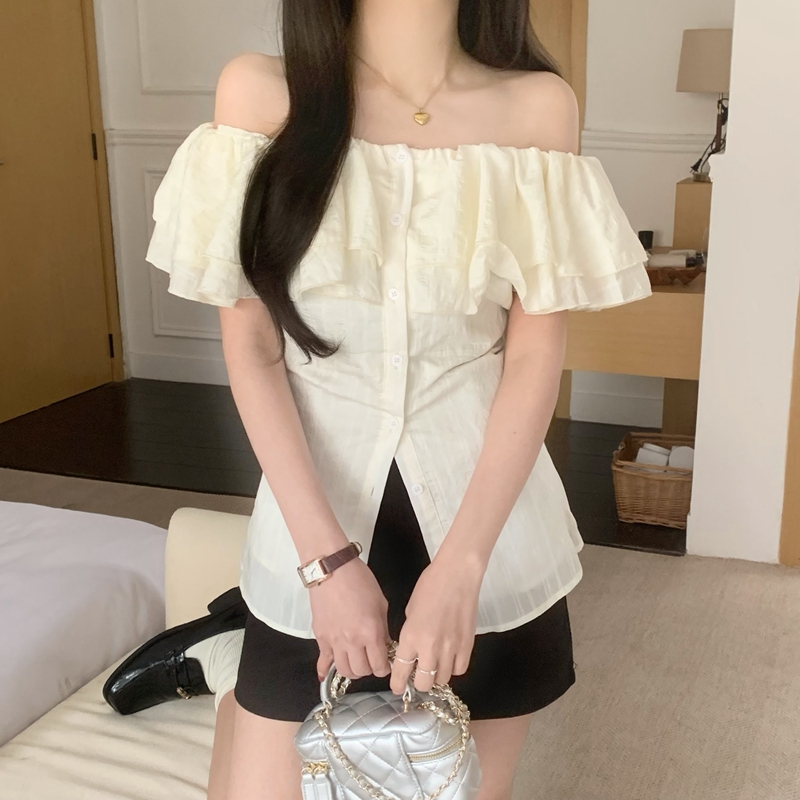 實拍法式荷葉邊一字肩襯衫女夏季收腰顯瘦掐腰小眾設計感露肩上衣