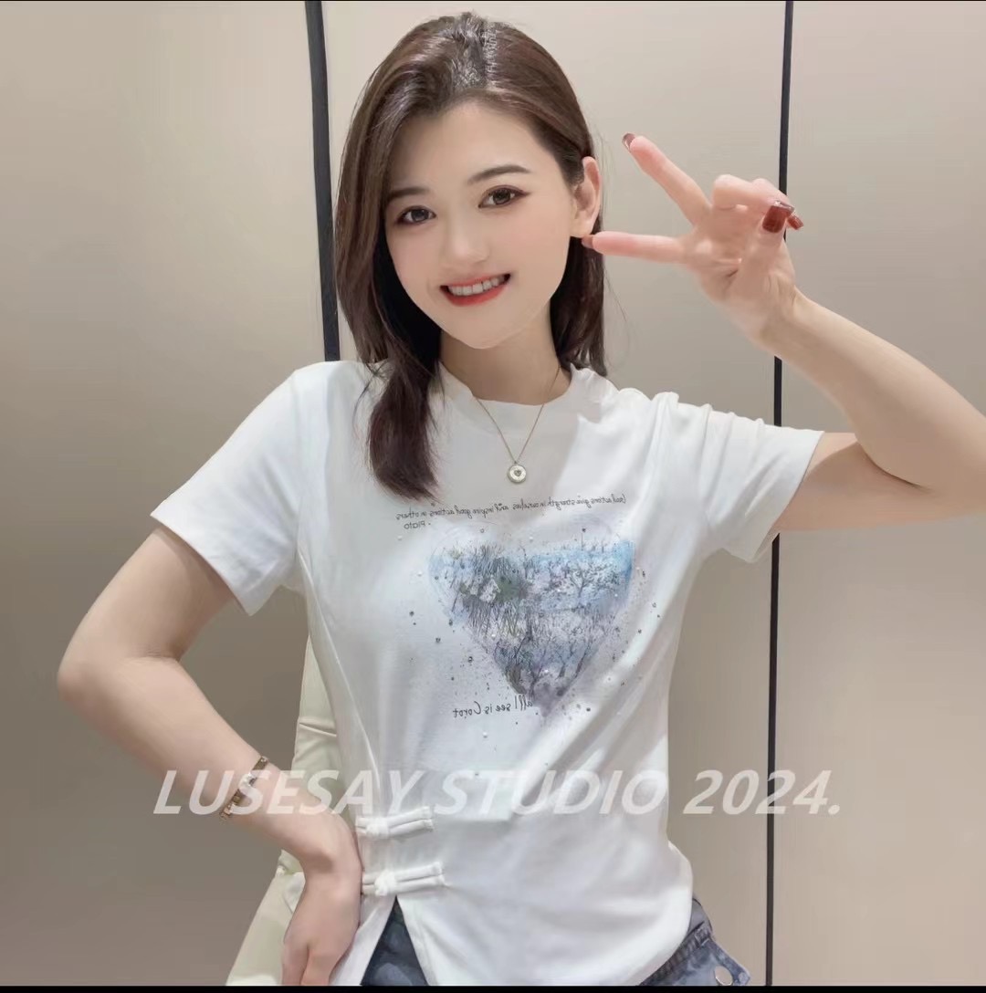 愛心印花短袖T恤夏2024新款國風盤扣不規則開叉洋氣上衣