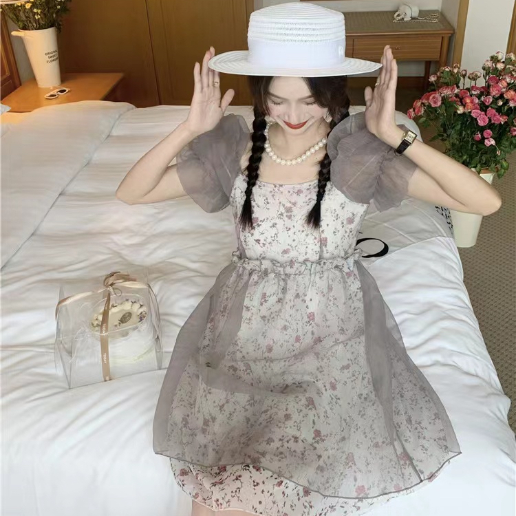 森系少女連衣裙2024夏季新款泡泡袖小個子女生甜美氣質減齡碎花裙