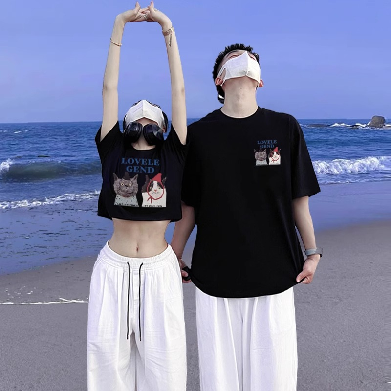 一長一短夏季裝t恤夏日多巴胺2024網紅款情侶裝衣服新款穿搭短袖