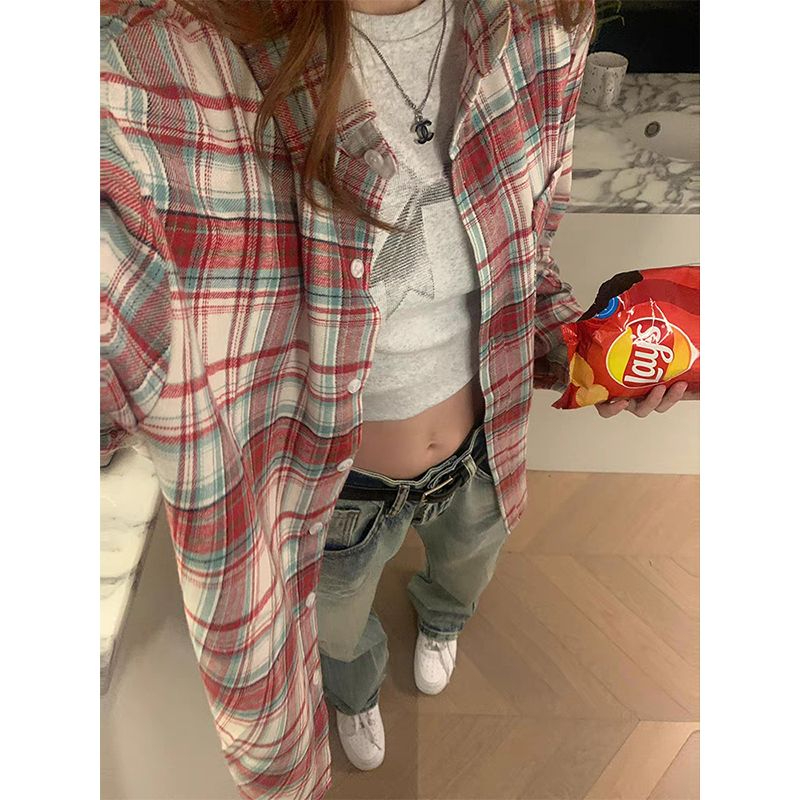 復古磨毛格紋長袖襯衫春秋法式慵懶寬鬆休閒格子襯衣顯瘦上衣外套