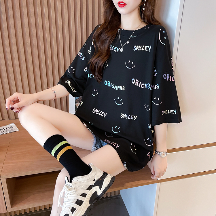 實拍 2024新款夏季韓版中長款燙金炫彩圓領短袖T恤女