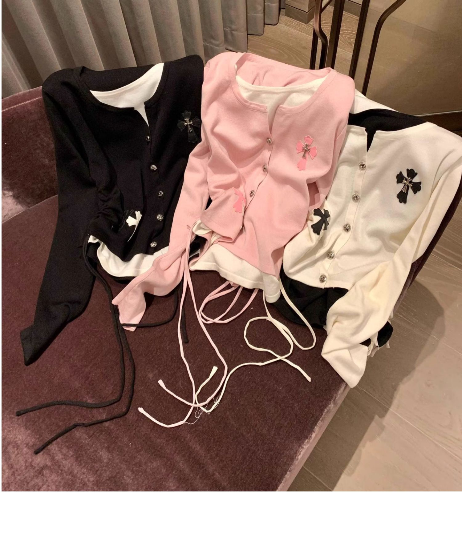 潮牌假兩件十字架長袖t恤女修身顯瘦設計感小眾短款上衣
