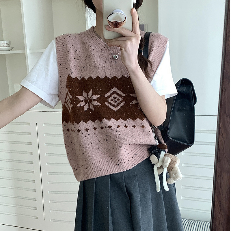 復古提花襯衫拼接假兩件圓領針織衫女夏季新款寬鬆短款套頭時尚款
