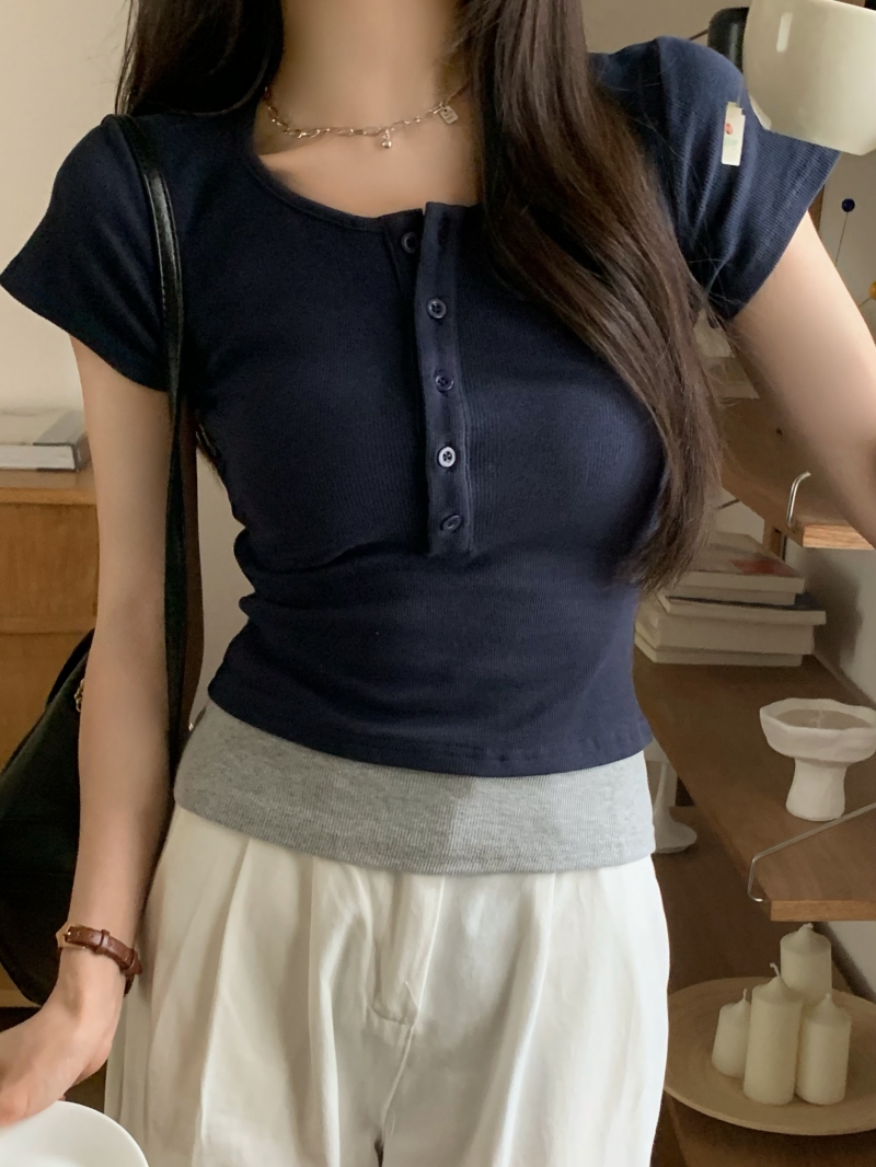 實拍 40支純棉韓版新款寬鬆夏季撞色拼接假兩件短袖T恤女美式上衣
