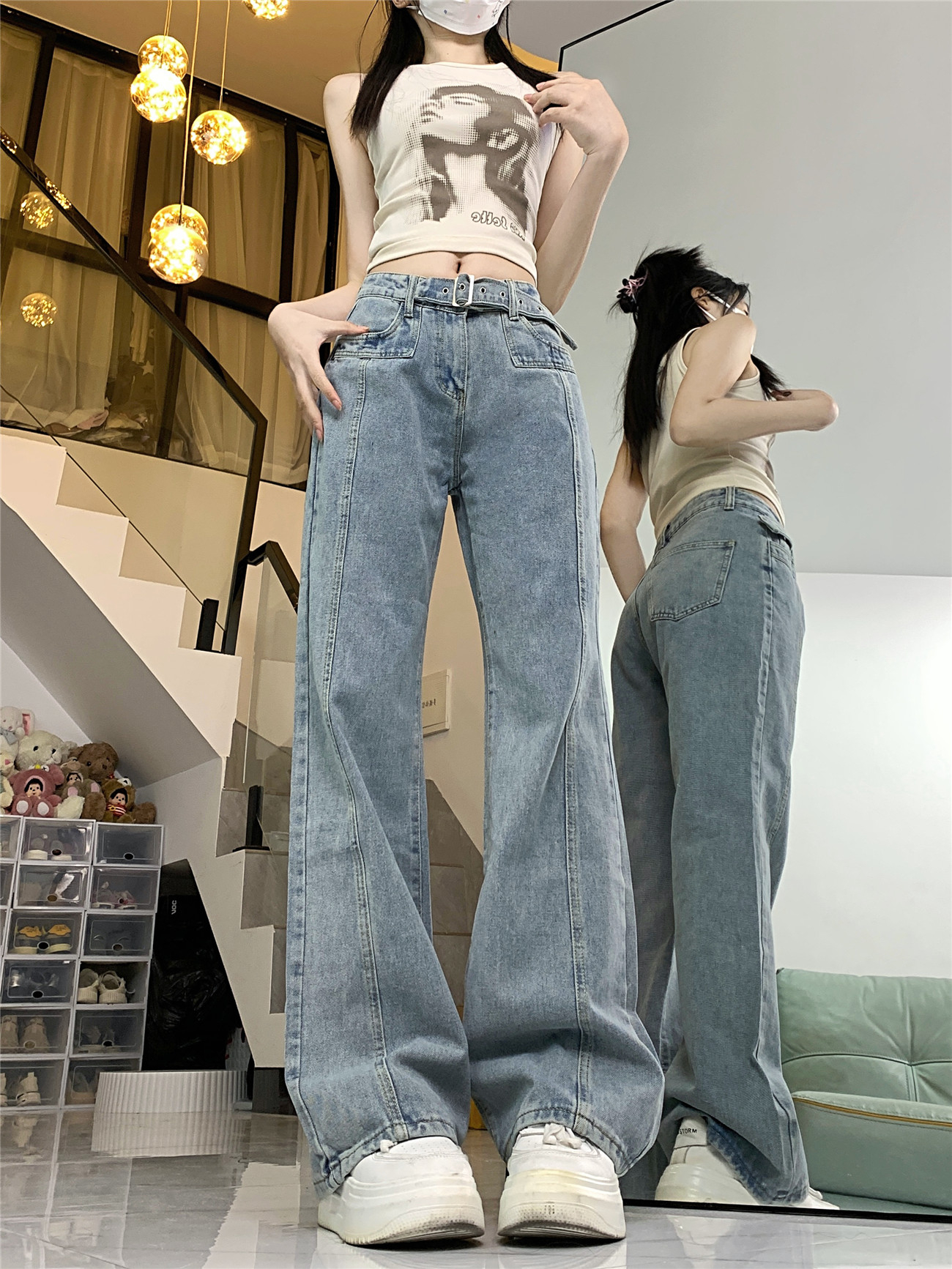 淺藍時尚辣妹寬鬆喇叭牛仔褲女新款春季腰帶闊腿拖地馬蹄褲