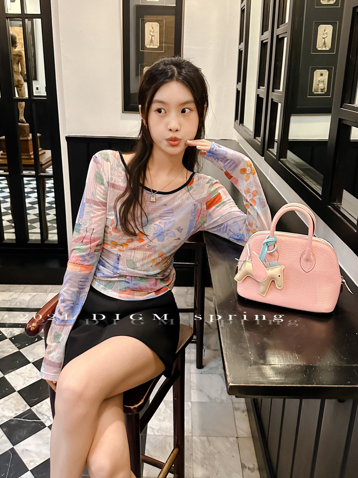 DIGM2024早春新款純欲風辣妹短款修身露背網紗顯瘦打底小衫上衣女
