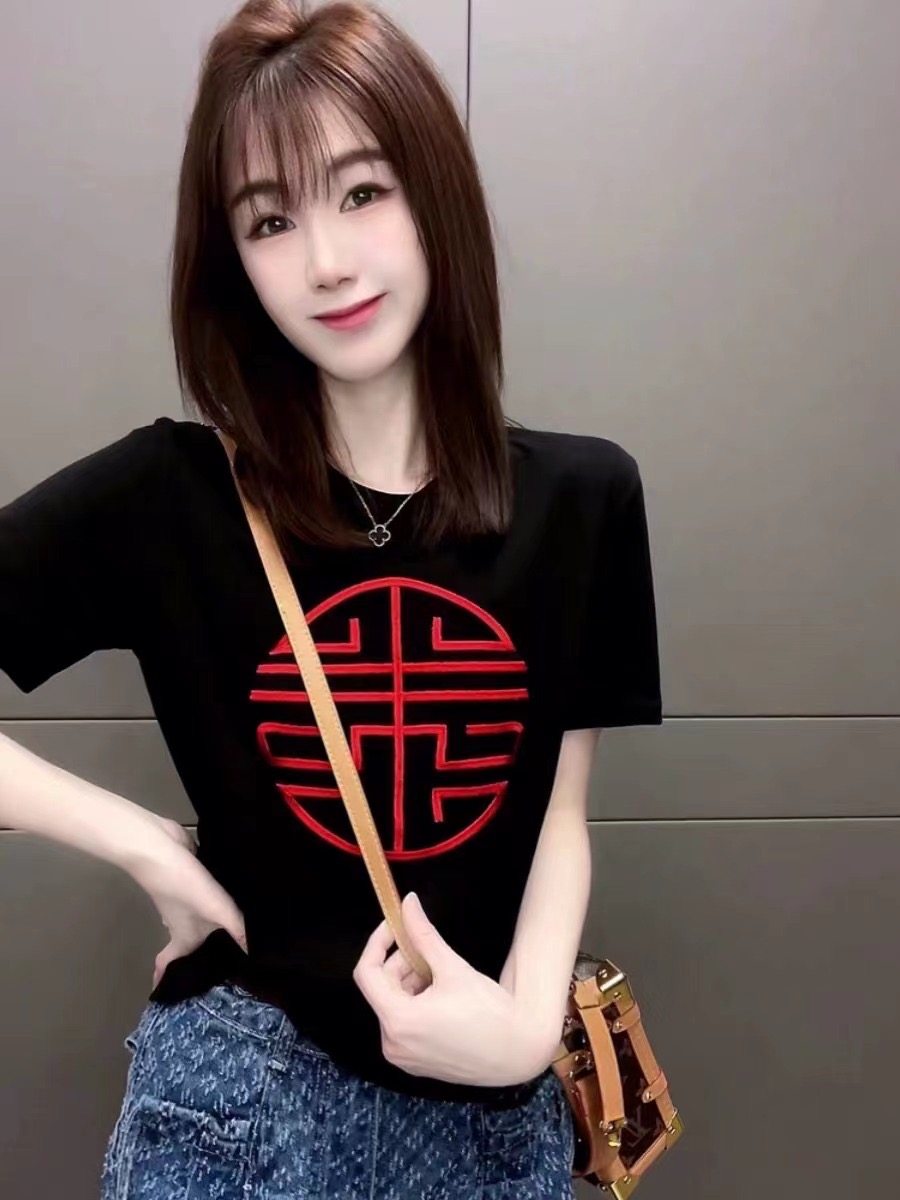 2024夏季新款國風寬鬆顯瘦時尚百搭上衣休閒圓領短袖t恤