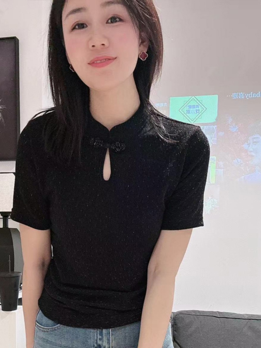 新中式國風盤扣短袖T恤女2024春季新款黑色立領別致絕美小衫上衣