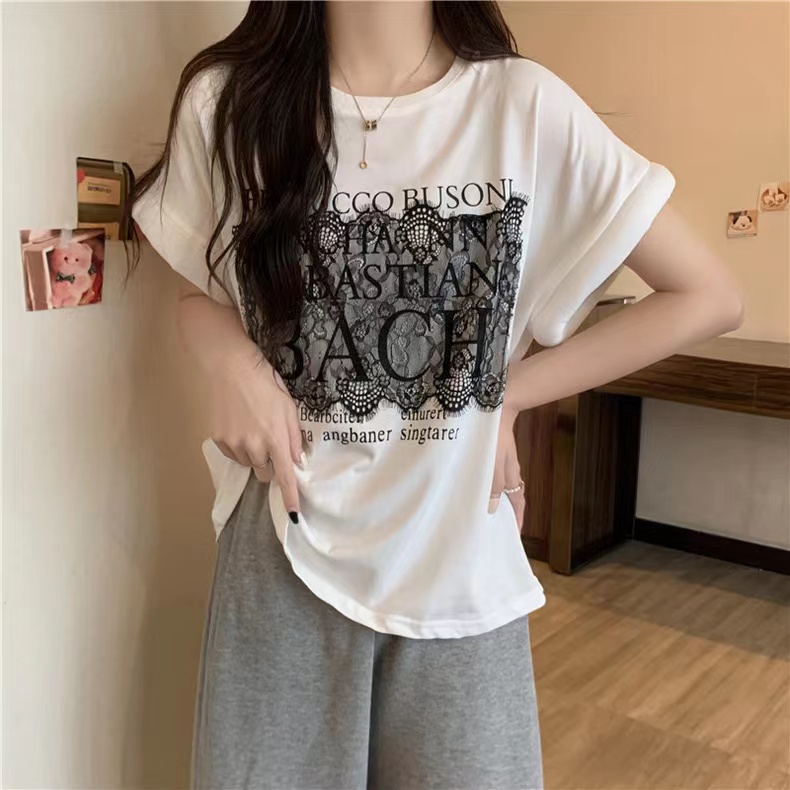 實拍蕾絲貼布純棉2024夏季新款小眾bm韓版寬鬆tee上衣短袖T恤女裝
