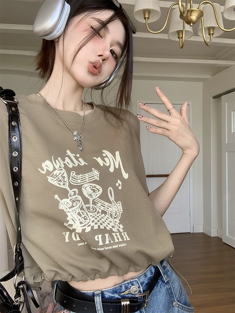 純棉  美式設計辣妹短款百搭顯瘦印花抽繩上衣