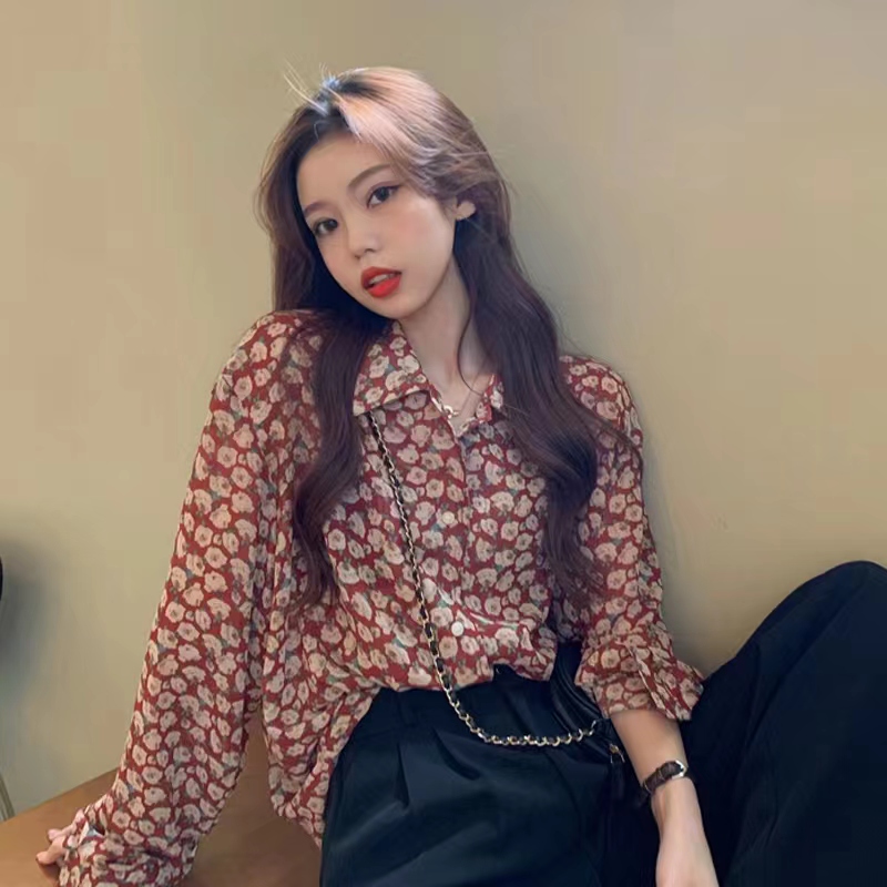復古港味寬鬆中長款慵懶風薄長袖花襯衫上衣女