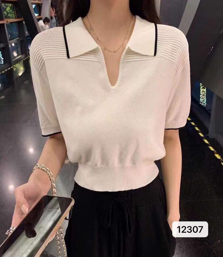 夏季新款氣質學院風V翻領收腰短袖上衣女