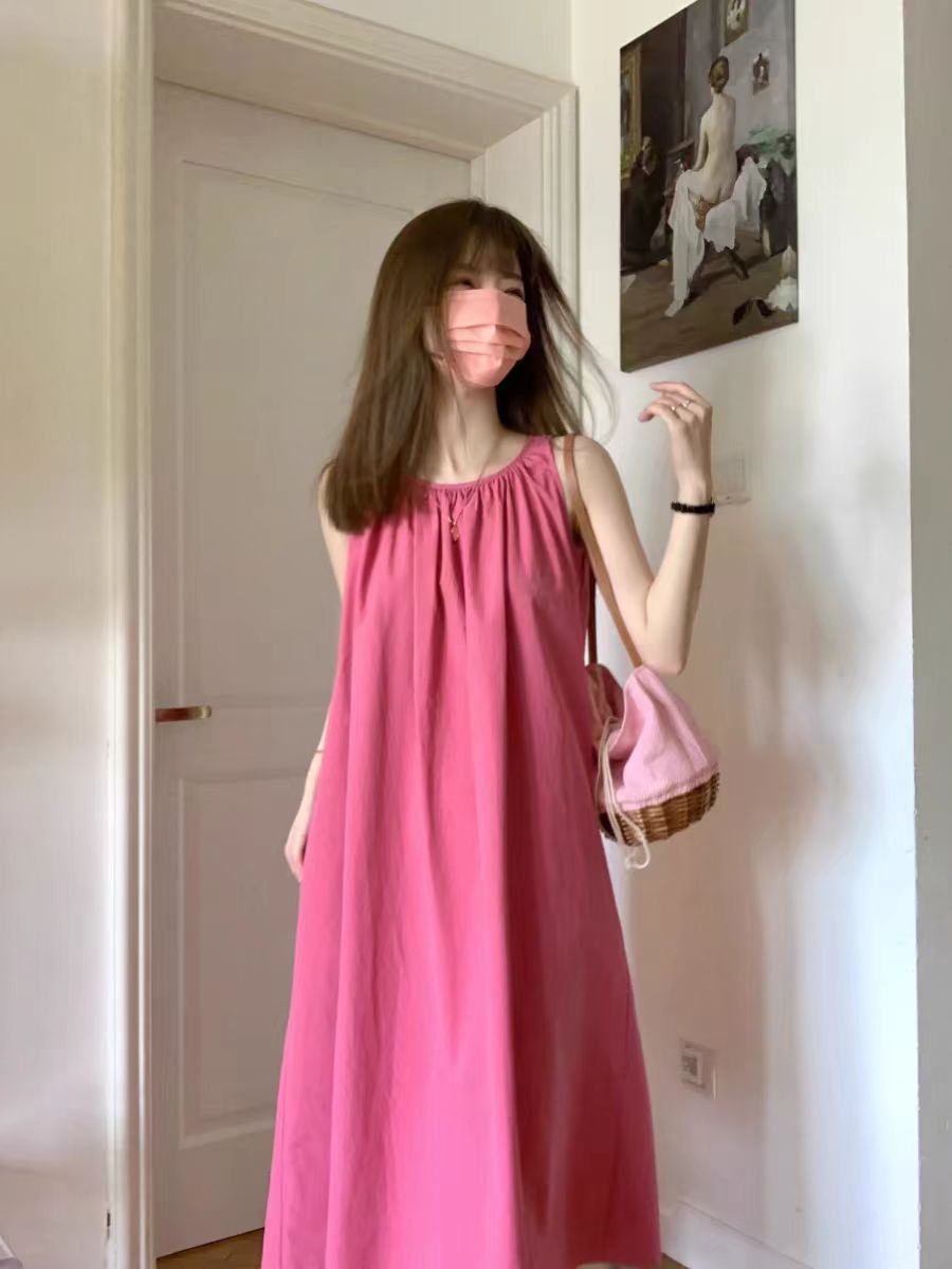 茶歇法式無袖吊帶連衣裙女夏季高級感背心A字長裙顯白氣質樹莓紅