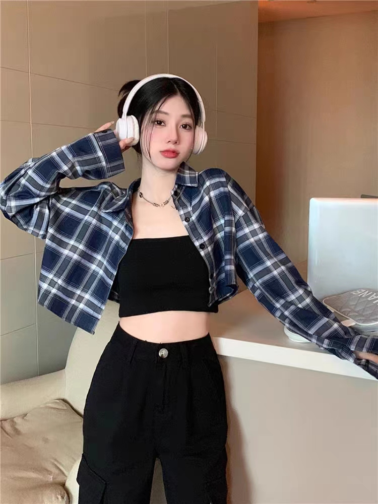 美式復古格紋襯衫女早秋長袖襯衣氣質百搭短款開衫外套上衣