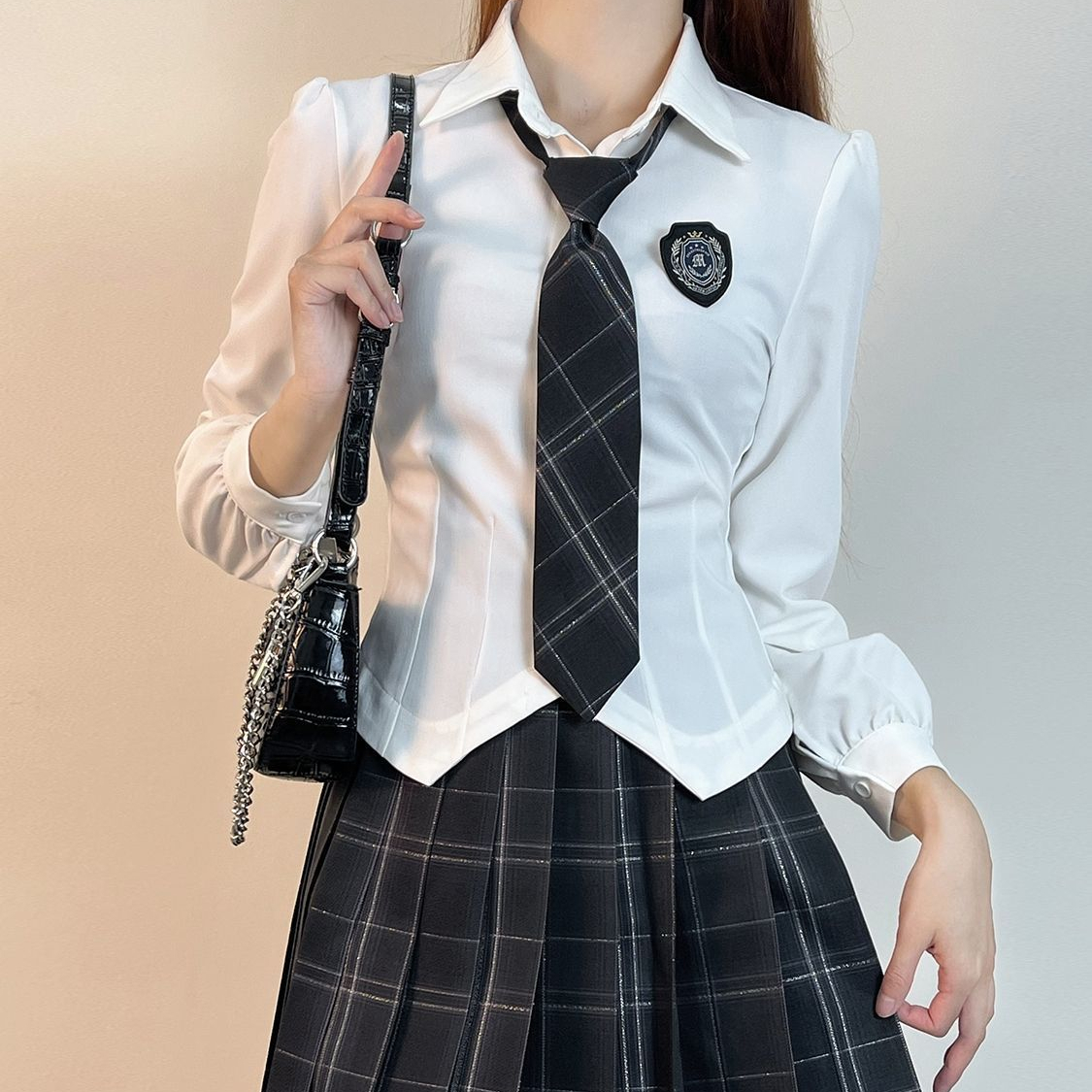 純欲辣妹泡泡袖收腰襯衣設計感上衣女Jk制服修身長袖襯衫女