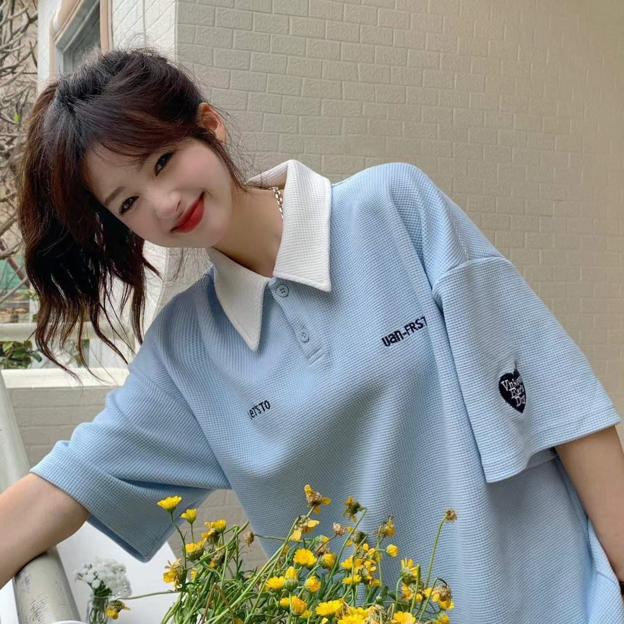 美式復古原宿BF風網紅Polo領保羅衫刺繡寬鬆短袖t恤女