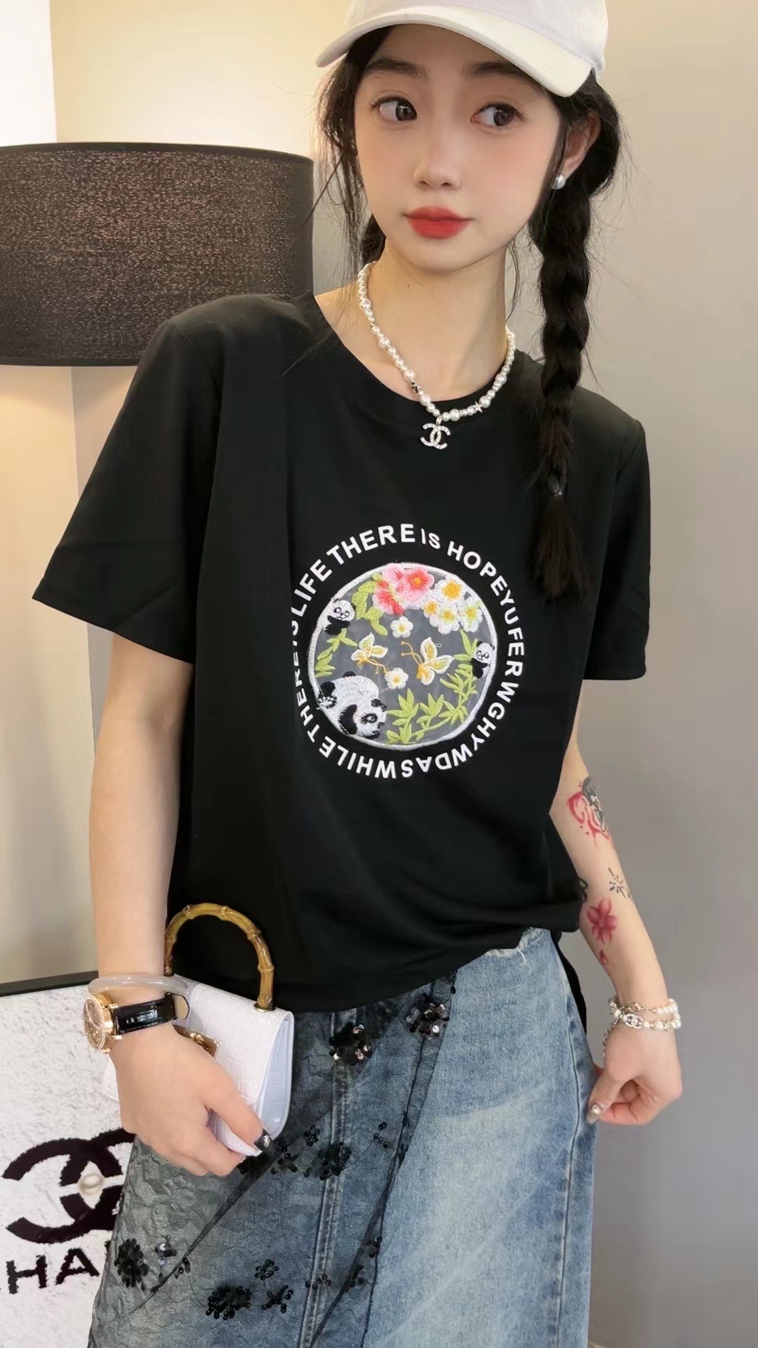 新中式國風熊貓刺繡短袖t恤女春秋2024新款寬鬆顯瘦女上衣