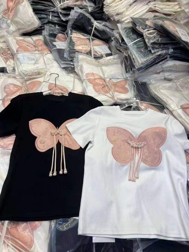 歐洲站圓領短袖t恤女2024年夏季新款洋氣百搭盤扣蝴蝶結釘珠上衣