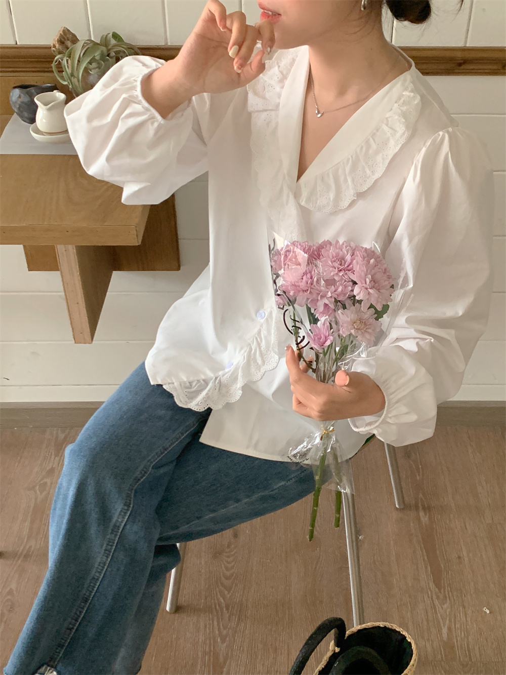 實拍~新款韓系甜美減齡木耳邊娃娃領可愛印花寬鬆長袖襯衫